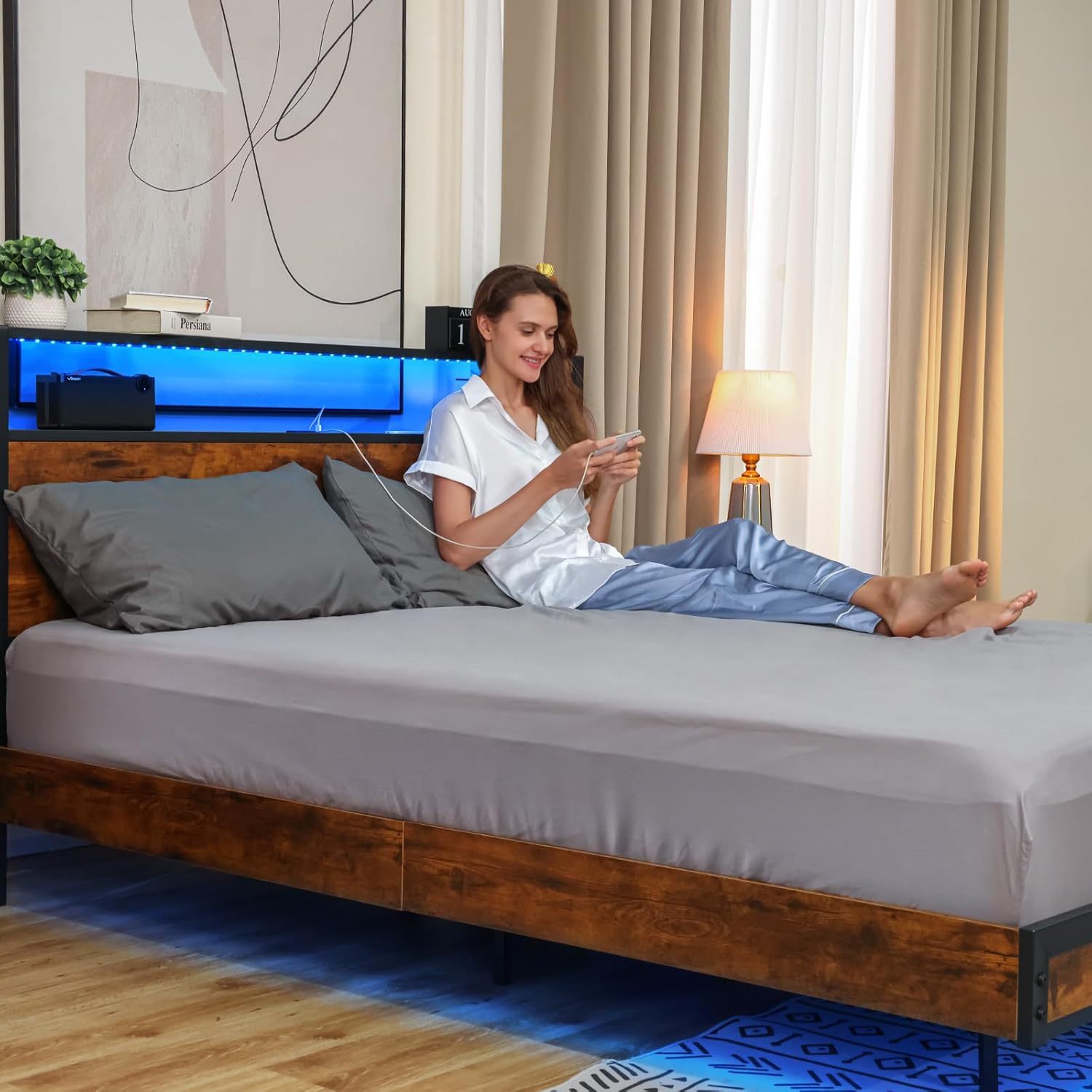 BedsPick Bed Frame with 2-Tier Storage Headboard