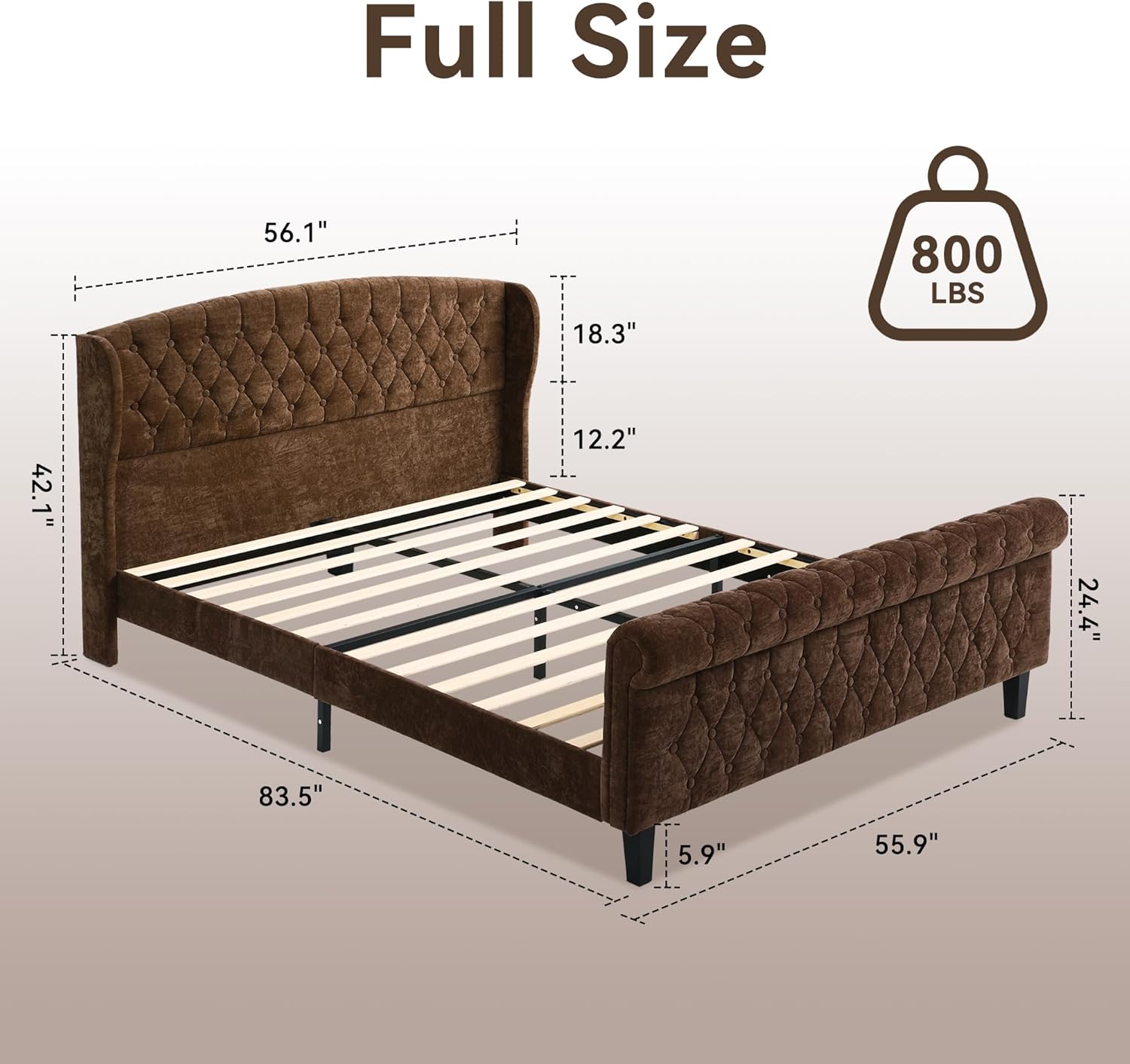 BedsPick Full Size Bed Frame Sleigh with Wingback Headboard, Fully Upholstered Bed Frame Full Size with Deep Button Tufted Scroll Footboard-Bedspick