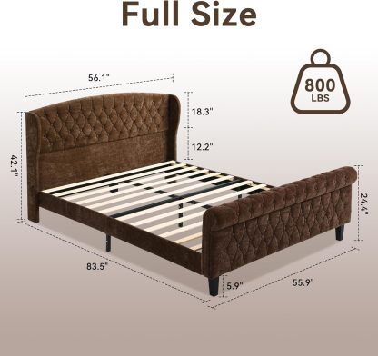 BedsPick Full Size Bed Frame Sleigh with Wingback Headboard, Fully Upholstered Bed Frame Full Size with Deep Button Tufted Scroll Footboard-Bedspick