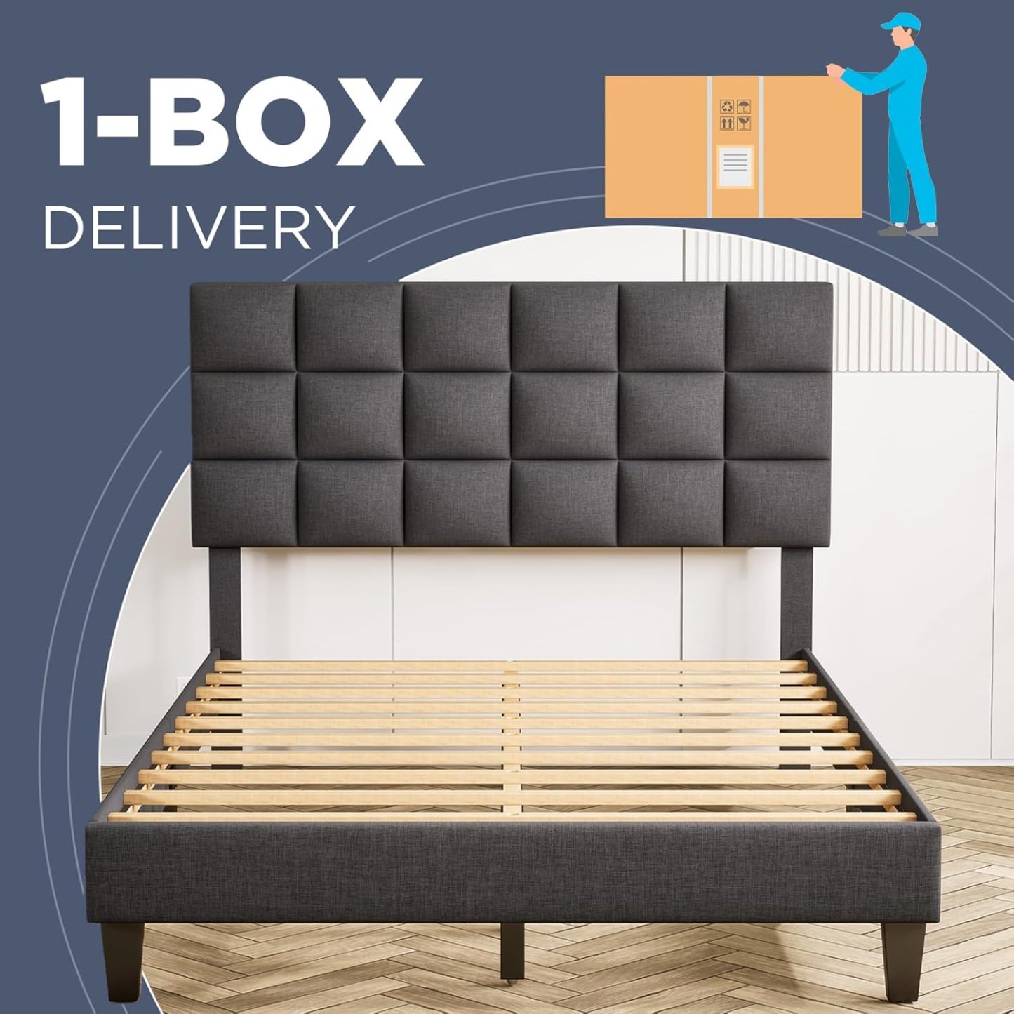 BedsPick Queen Bed Frame with Modern Geometric Linen Upholstered Adjustable Headboard