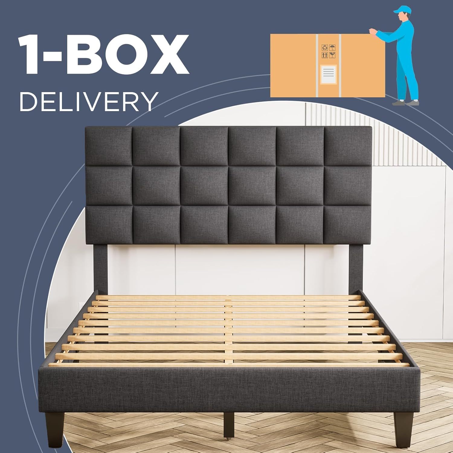 BedsPick Queen Bed Frame with Modern Geometric Linen Upholstered Adjustable Headboard