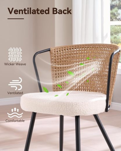 BedsPick Rattan Dining Chair - Farmhouse Upholstered Cane Back Kitchen Chair with Lamb Fleece Fabric Cushion, Wingback Dining Room Seat with Metal Legs for Home, Kitchen-Bedspick