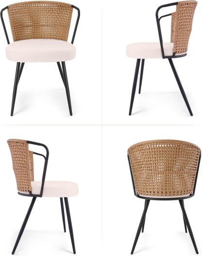 BedsPick Rattan Dining Chair - Farmhouse Upholstered Cane Back Kitchen Chair with Lamb Fleece Fabric Cushion, Wingback Dining Room Seat with Metal Legs for Home, Kitchen-Bedspick