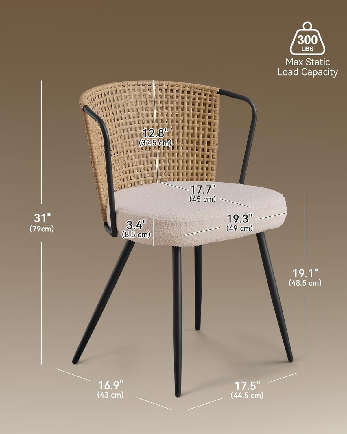 BedsPick Rattan Dining Chair - Farmhouse Upholstered Cane Back Kitchen Chair with Lamb Fleece Fabric Cushion, Wingback Dining Room Seat with Metal Legs for Home, Kitchen-Bedspick