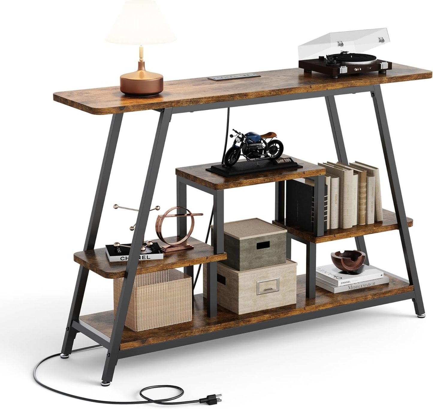 BedsPick 47.3" Console Table with Outlet, Entryway Table with 4-Tier Storage Shelves for Entryway