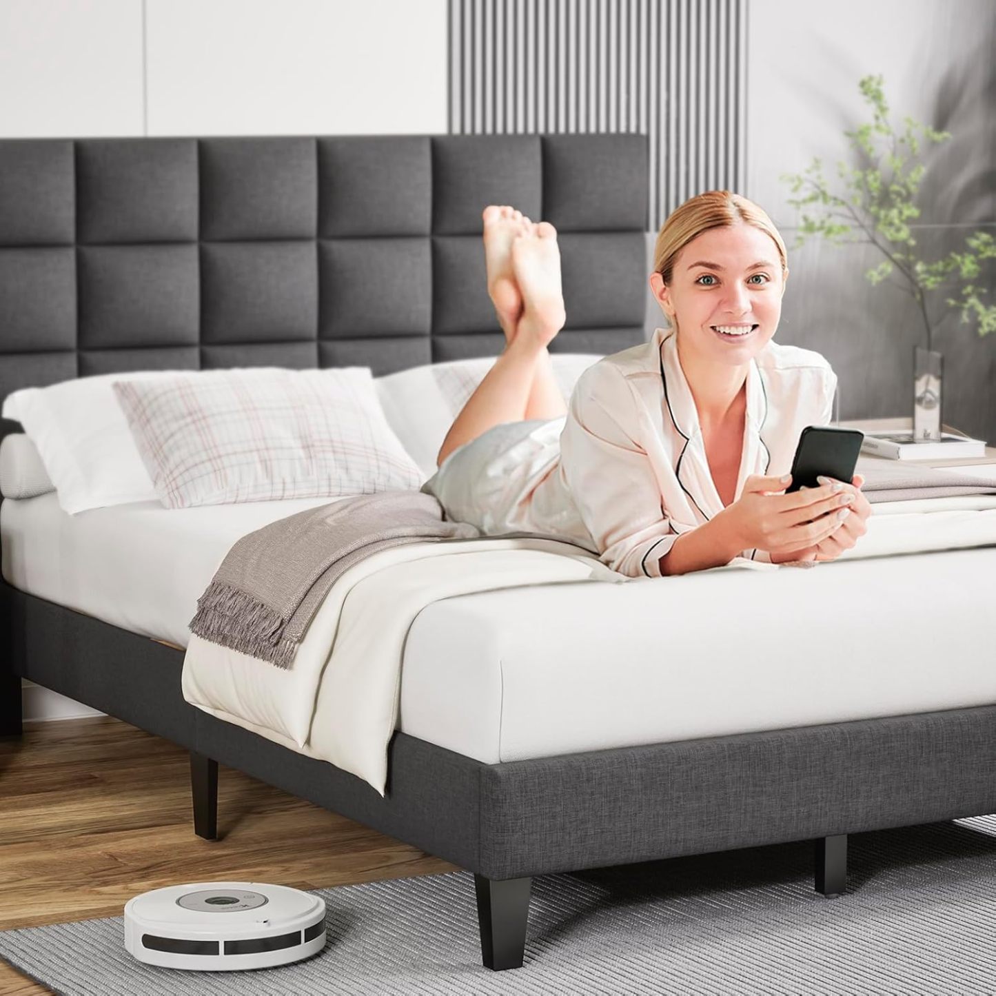 BedsPick Queen Bed Frame with Modern Geometric Linen Upholstered Adjustable Headboard