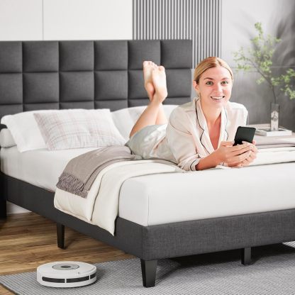 BedsPick Queen Bed Frame with Modern Geometric Linen Upholstered Adjustable Headboard