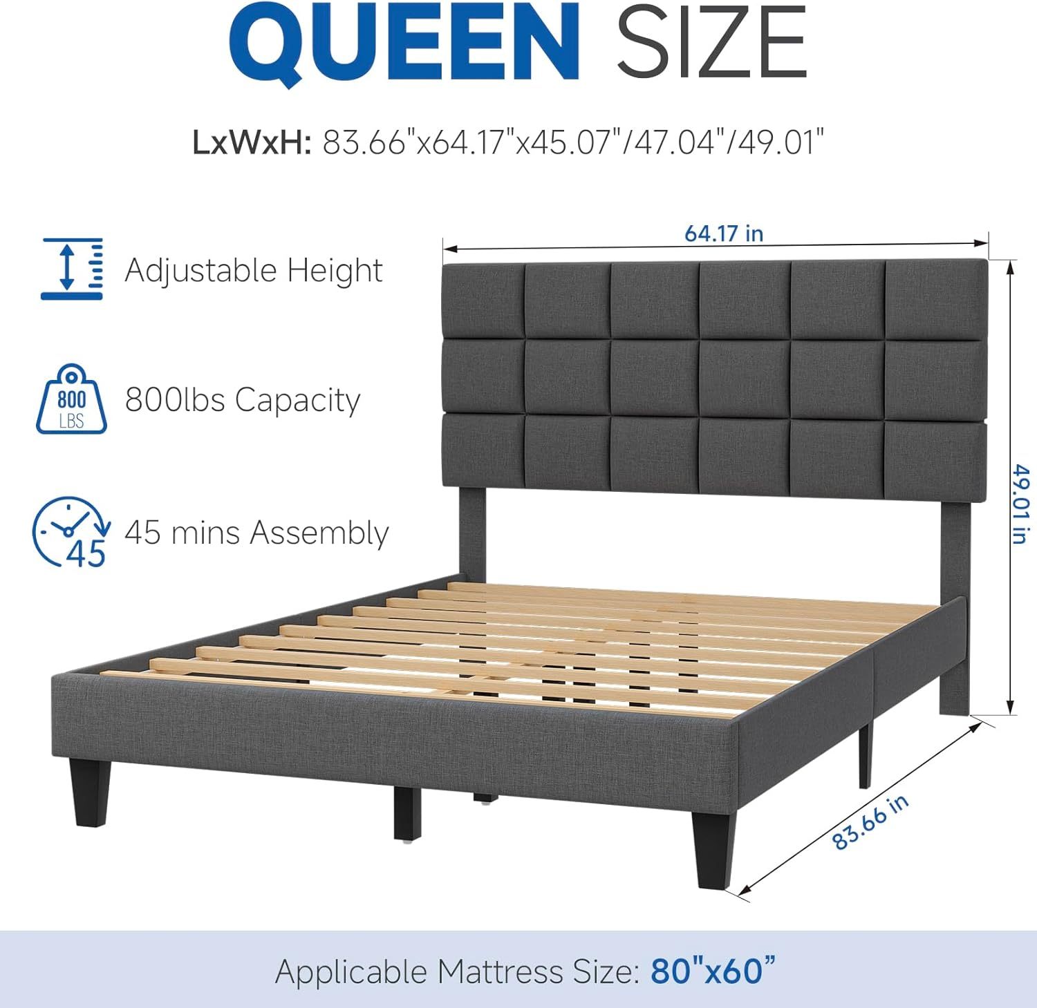 BedsPick Queen Bed Frame with Modern Geometric Linen Upholstered Adjustable Headboard