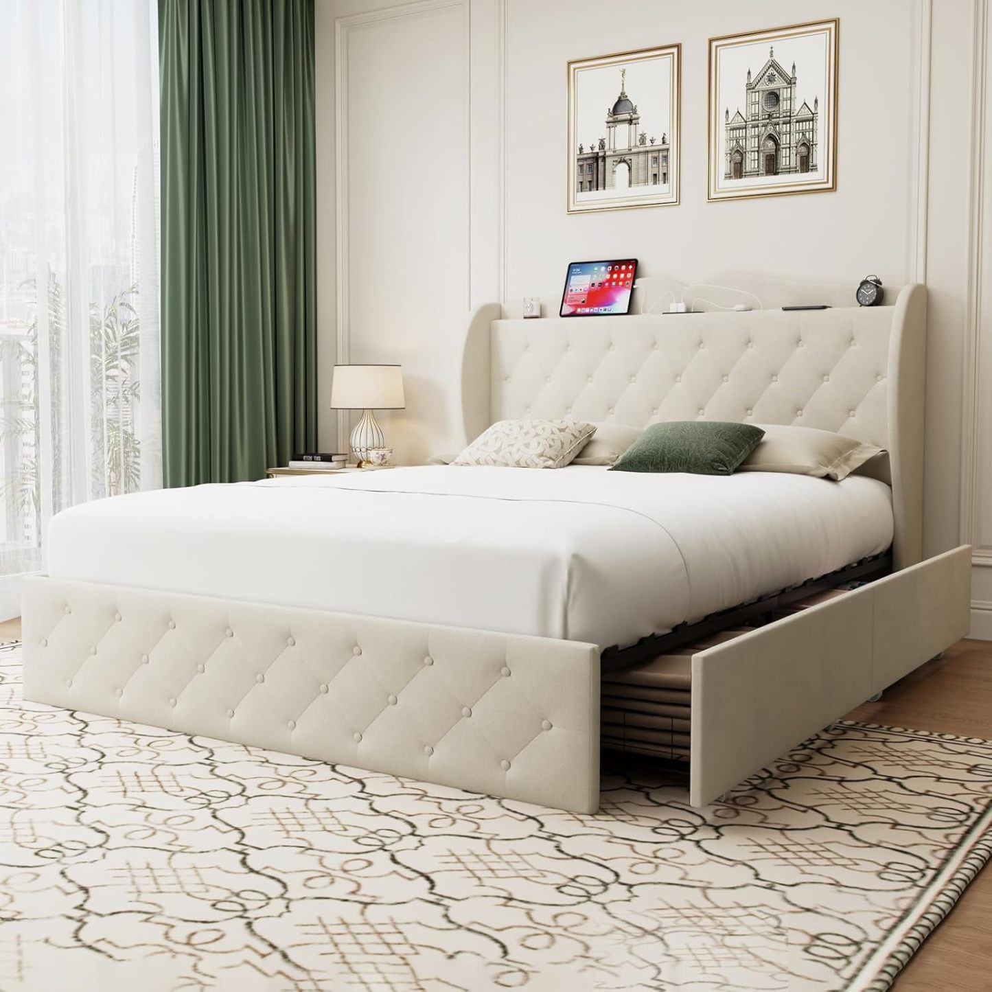 BedsPick Bed Frame with 4 Storage Drawers and Wingback Headboard