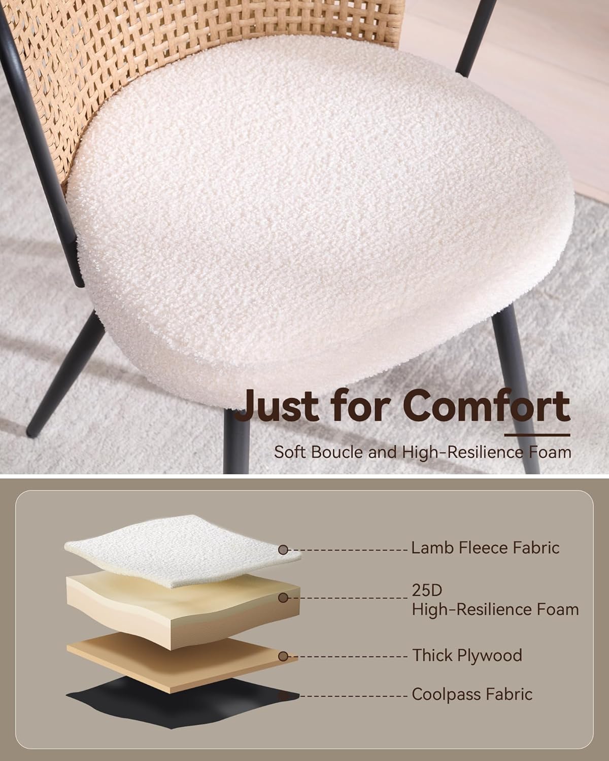 BedsPick Rattan Dining Chair - Farmhouse Upholstered Cane Back Kitchen Chair with Lamb Fleece Fabric Cushion, Wingback Dining Room Seat with Metal Legs for Home, Kitchen-Bedspick