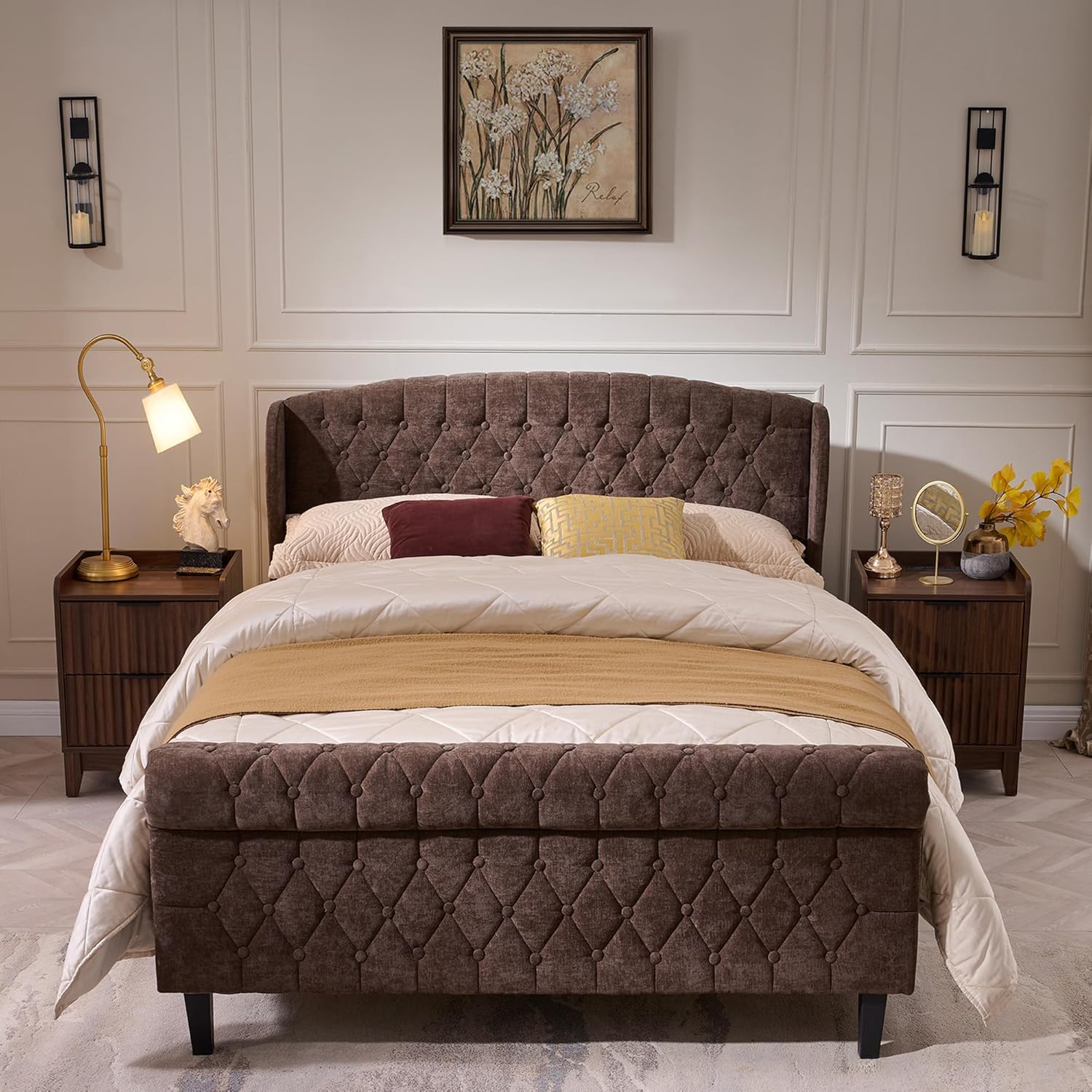 BedsPick Full Size Bed Frame Sleigh with Wingback Headboard, Fully Upholstered Bed Frame Full Size with Deep Button Tufted Scroll Footboard-Bedspick