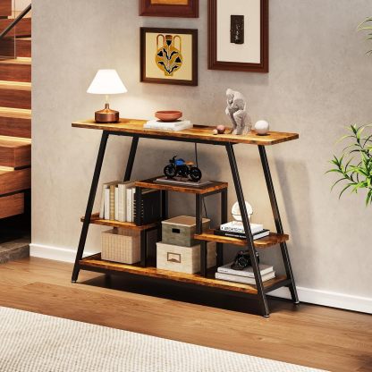 BedsPick 47.3" Console Table with Outlet, Entryway Table with 4-Tier Storage Shelves for Entryway