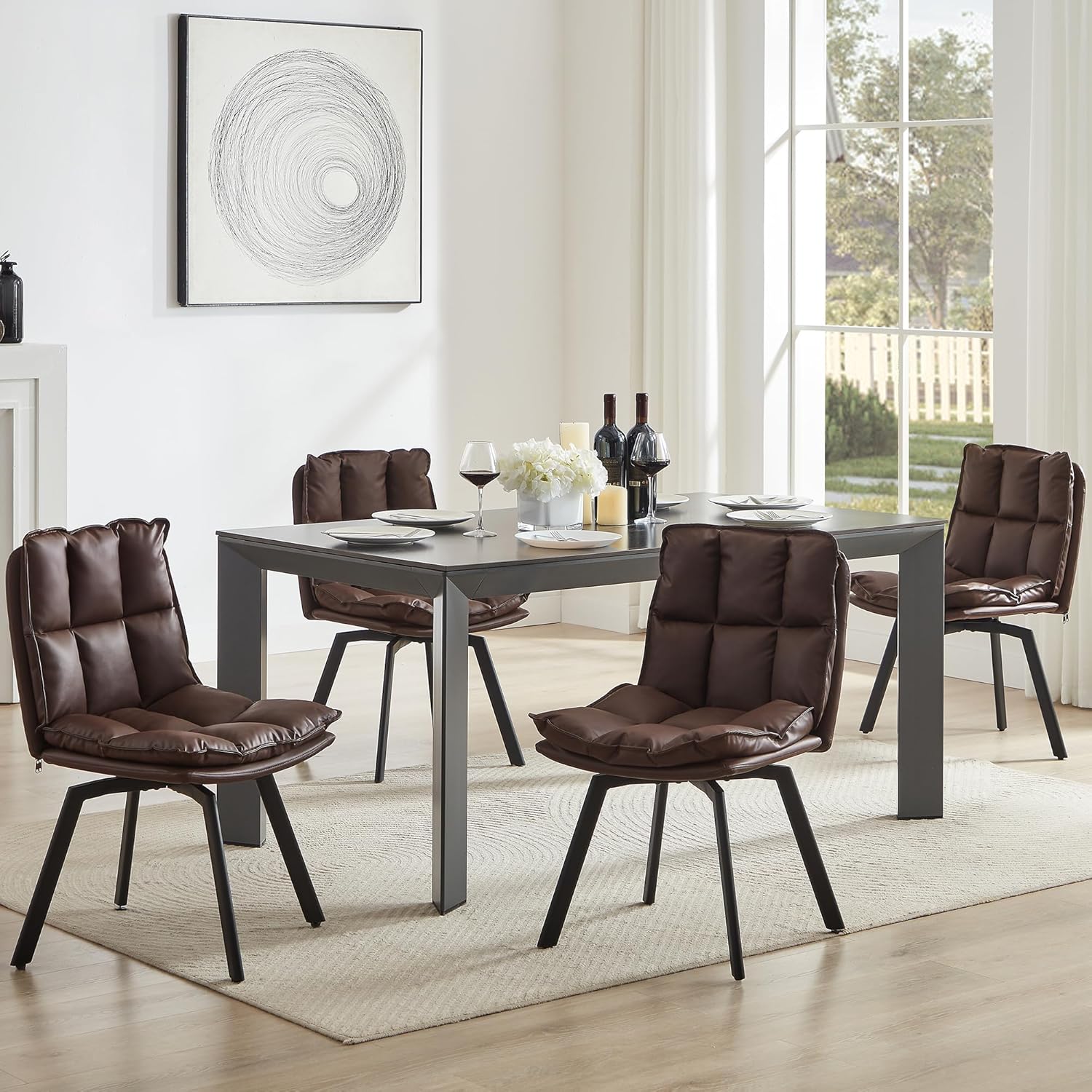 BedsPick Swivel Dining Chair - Faux Leather Upholstered Kitchen Chair, Mid Century Modern Dining Room Chair with Rotating Seats and Metal Legs-Bedspick