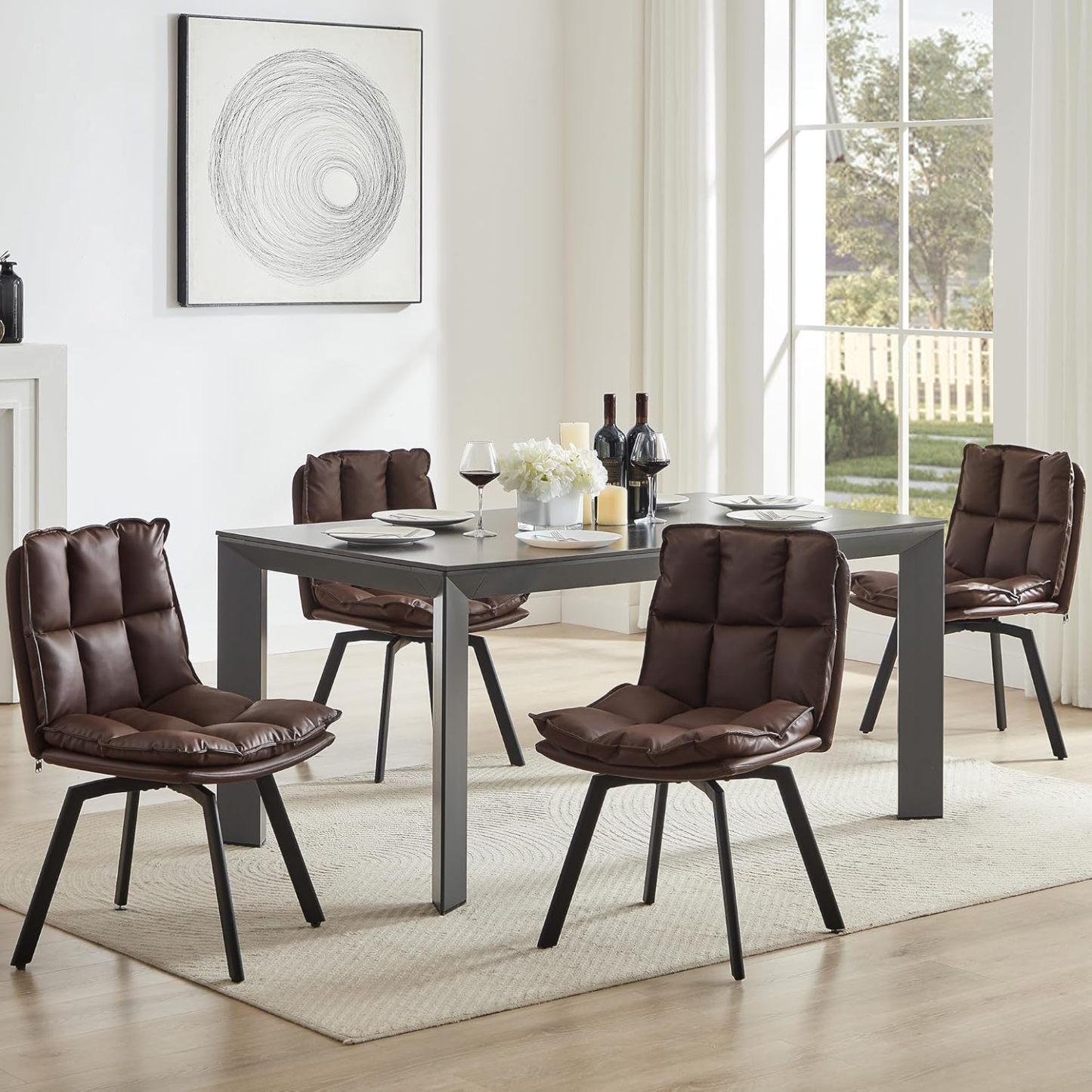 BedsPick Swivel Dining Chair - Faux Leather Upholstered Kitchen Chair, Mid Century Modern Dining Room Chair with Rotating Seats and Metal Legs-Bedspick
