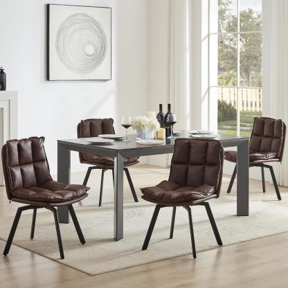 BedsPick Swivel Dining Chair - Faux Leather Upholstered Kitchen Chair, Mid Century Modern Dining Room Chair with Rotating Seats and Metal Legs-Bedspick