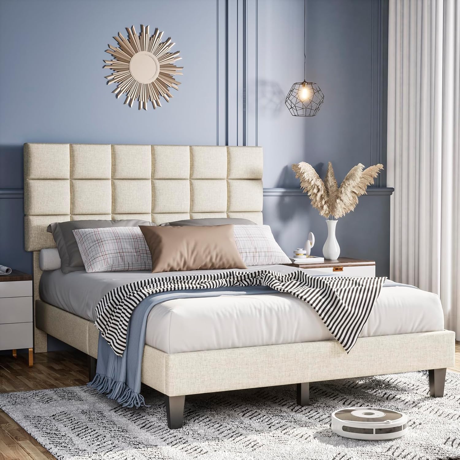 BedsPick Queen Bed Frame with Modern Geometric Linen Upholstered Adjus