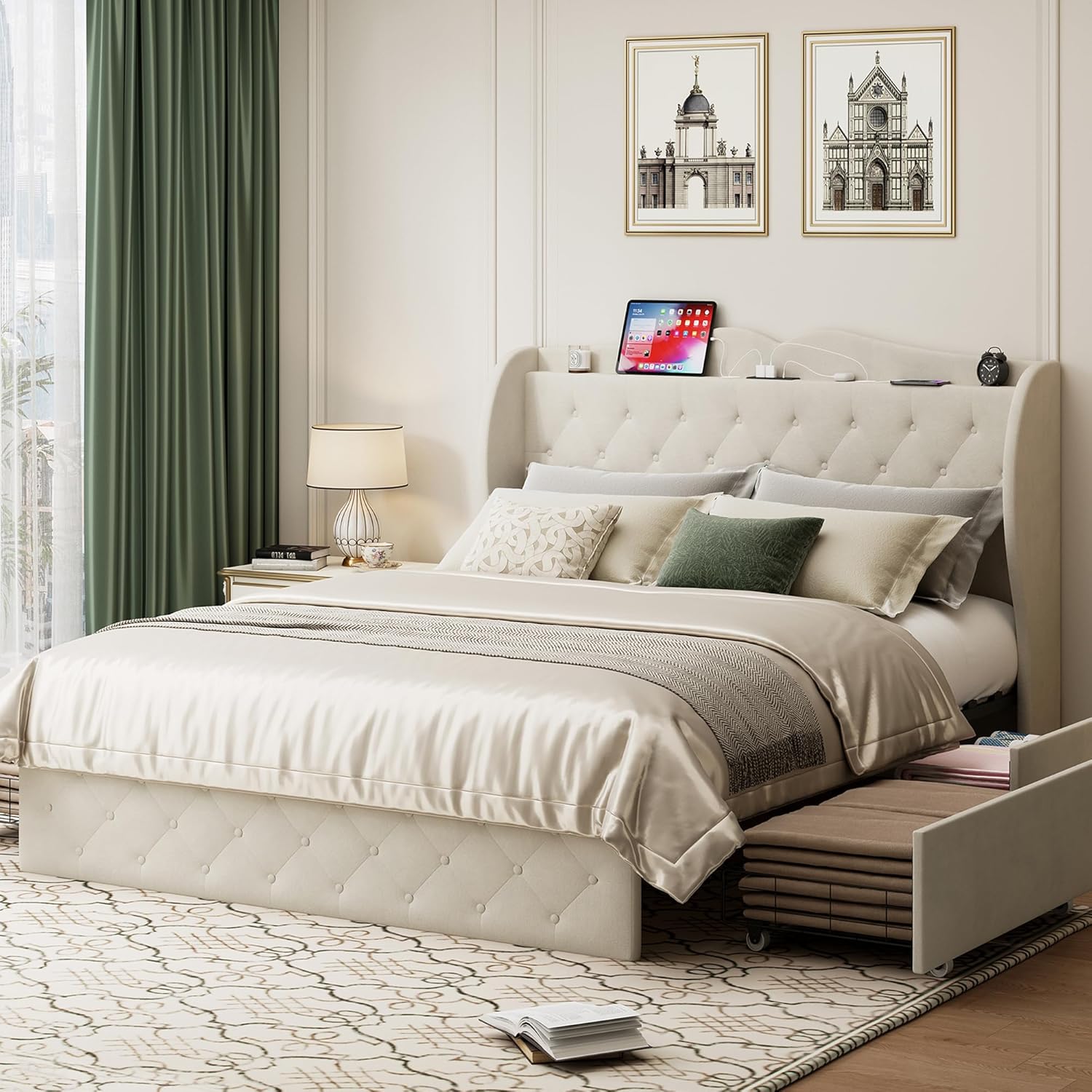 BedsPick Bed Frame with 4 Storage Drawers and Wingback Headboard