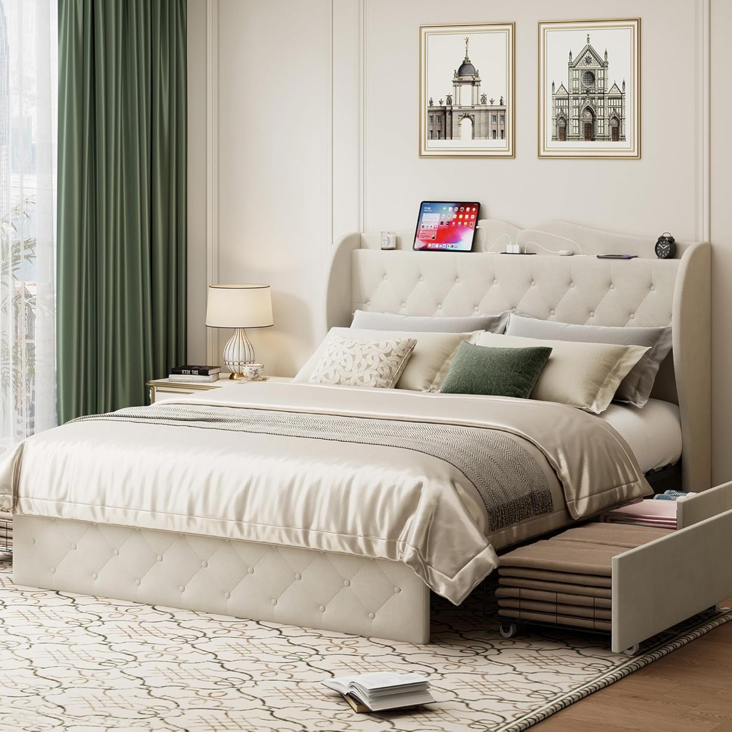 BedsPick Bed Frame with 4 Storage Drawers and Wingback Headboard