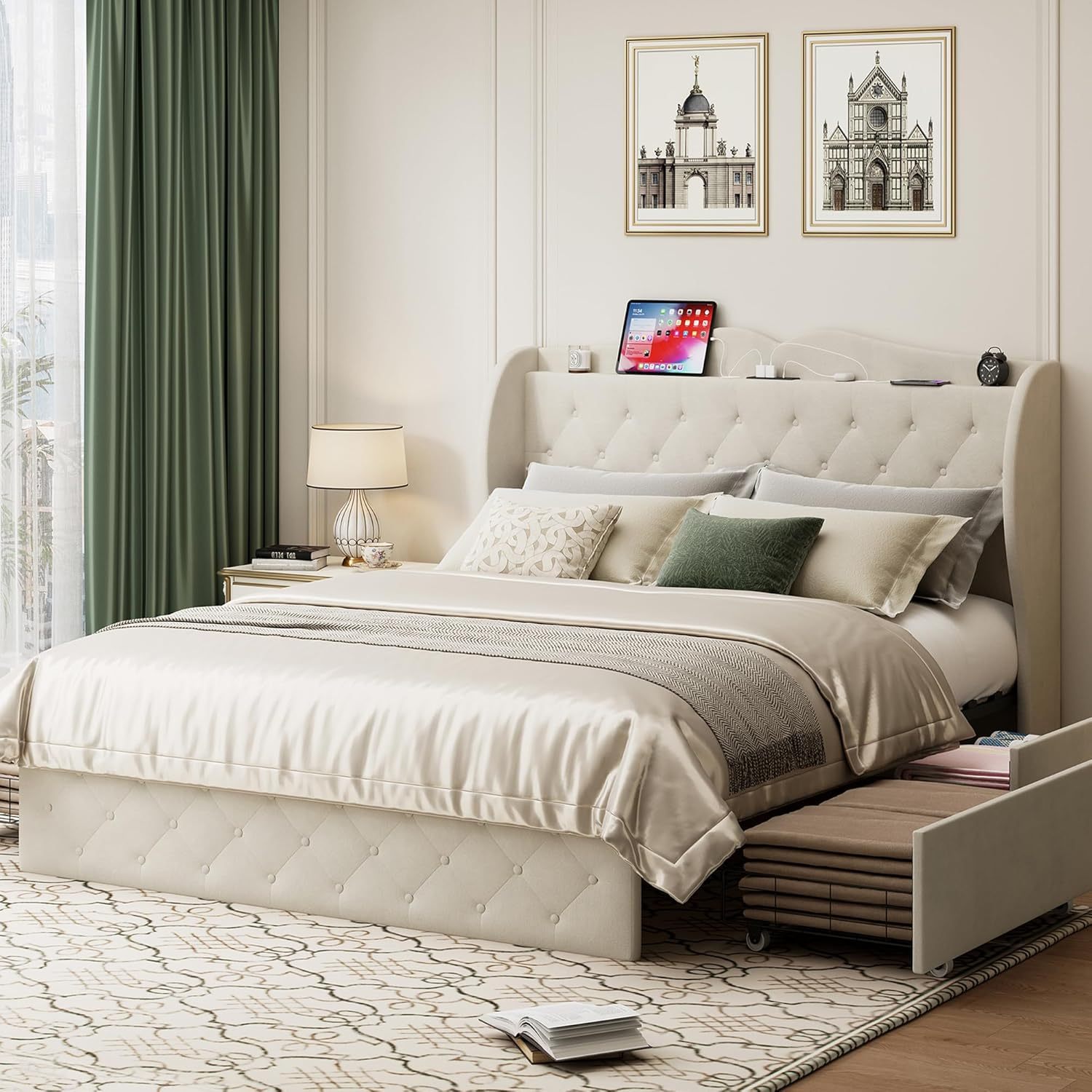 BedsPick Bed Frame with 4 Storage Drawers and Wingback Headboard