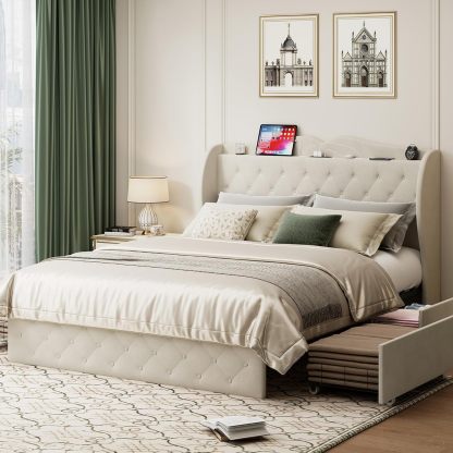 BedsPick Bed Frame with 4 Storage Drawers and Wingback Headboard