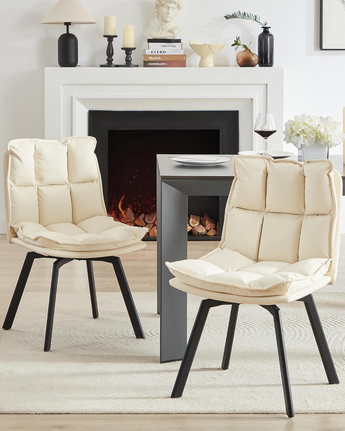 BedsPick Swivel Dining Chair - Faux Leather Upholstered Kitchen Chair, Mid Century Modern Dining Room Chair with Rotating Seats and Metal Legs-Bedspick