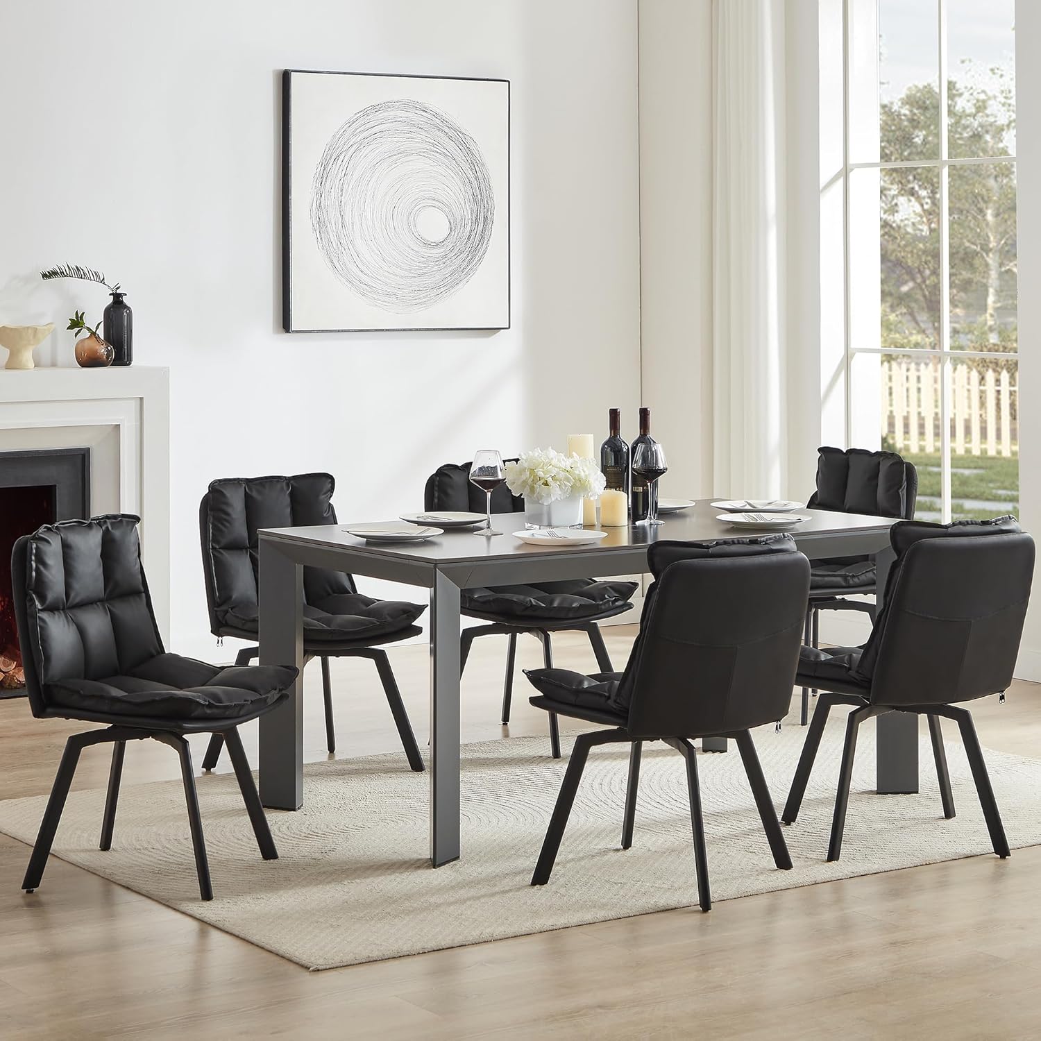 BedsPick Swivel Dining Chair - Faux Leather Upholstered Kitchen Chair, Mid Century Modern Dining Room Chair with Rotating Seats and Metal Legs-Bedspick