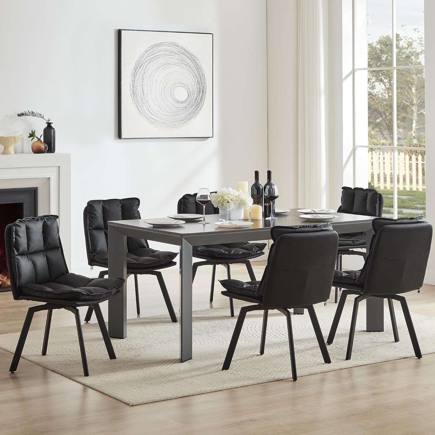 BedsPick Swivel Dining Chair - Faux Leather Upholstered Kitchen Chair, Mid Century Modern Dining Room Chair with Rotating Seats and Metal Legs-Bedspick