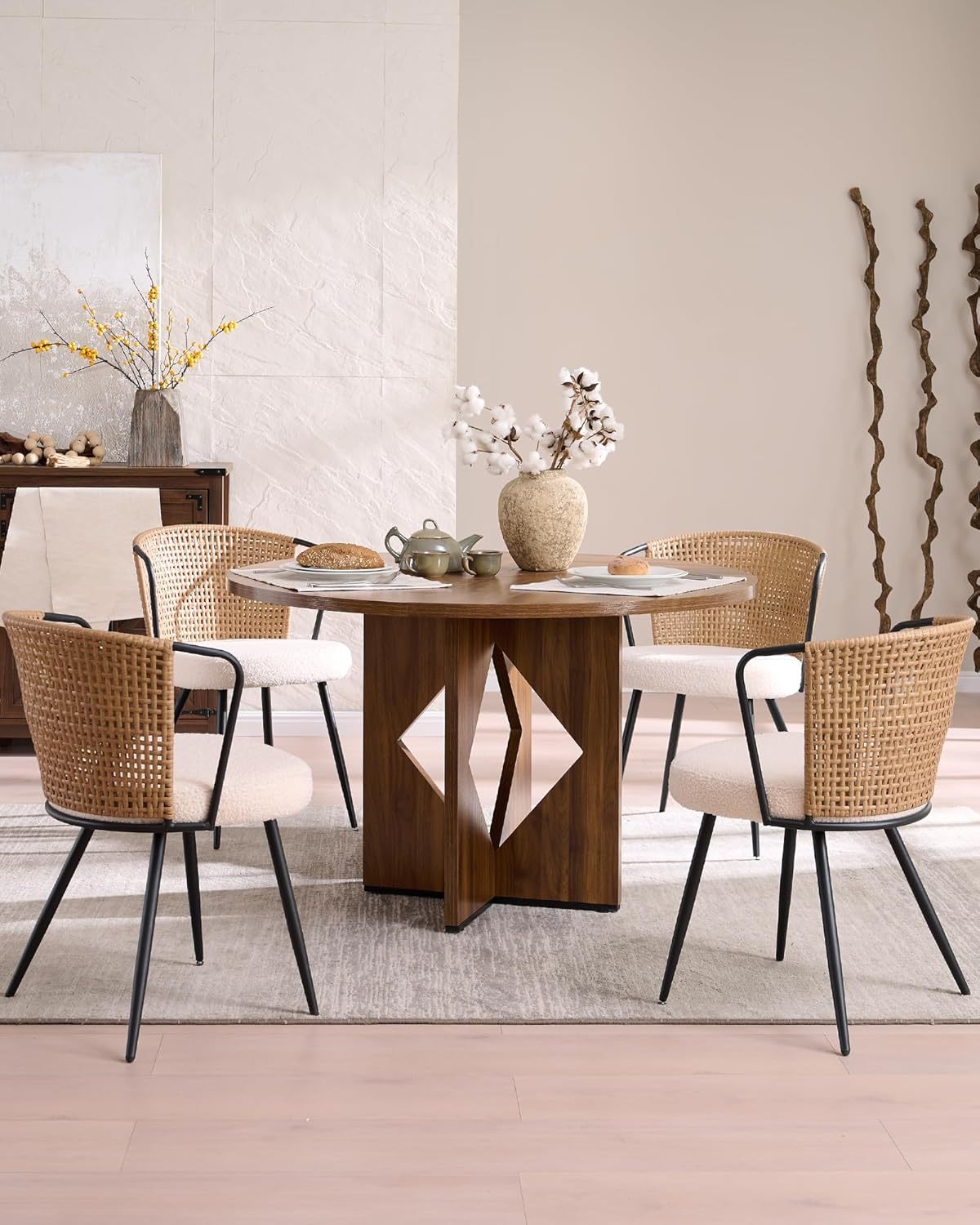 BedsPick Rattan Dining Chair - Farmhouse Upholstered Cane Back Kitchen Chair with Lamb Fleece Fabric Cushion, Wingback Dining Room Seat with Metal Legs for Home, Kitchen-Bedspick