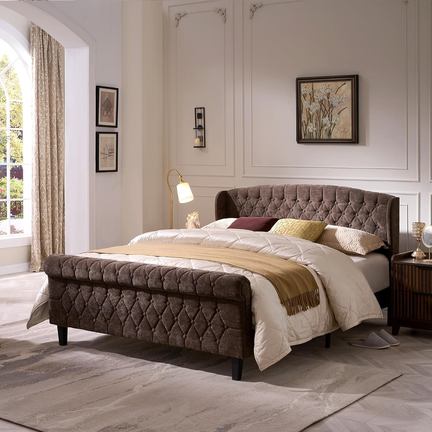 BedsPick Full Size Bed Frame Sleigh with Wingback Headboard, Fully Upholstered Bed Frame Full Size with Deep Button Tufted Scroll Footboard-Bedspick