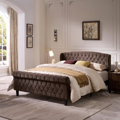 BedsPick Full Size Bed Frame Sleigh with Wingback Headboard, Fully Upholstered Bed Frame Full Size with Deep Button Tufted Scroll Footboard-Bedspick