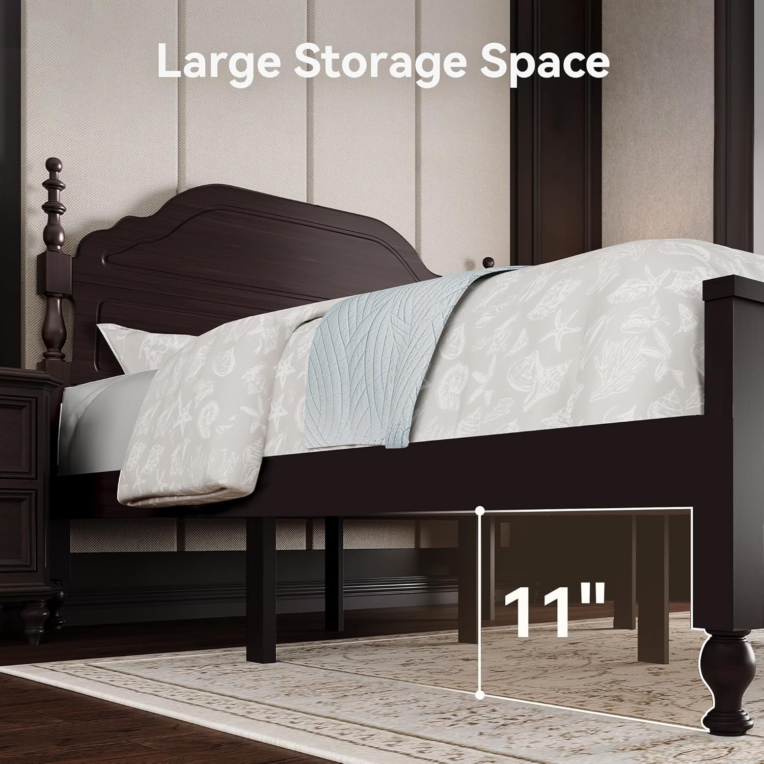 BedsPick Solid Wood Bed Frame Queen Size, Wooden Retro Style Platform Bed Frame with Headboard and Footboard