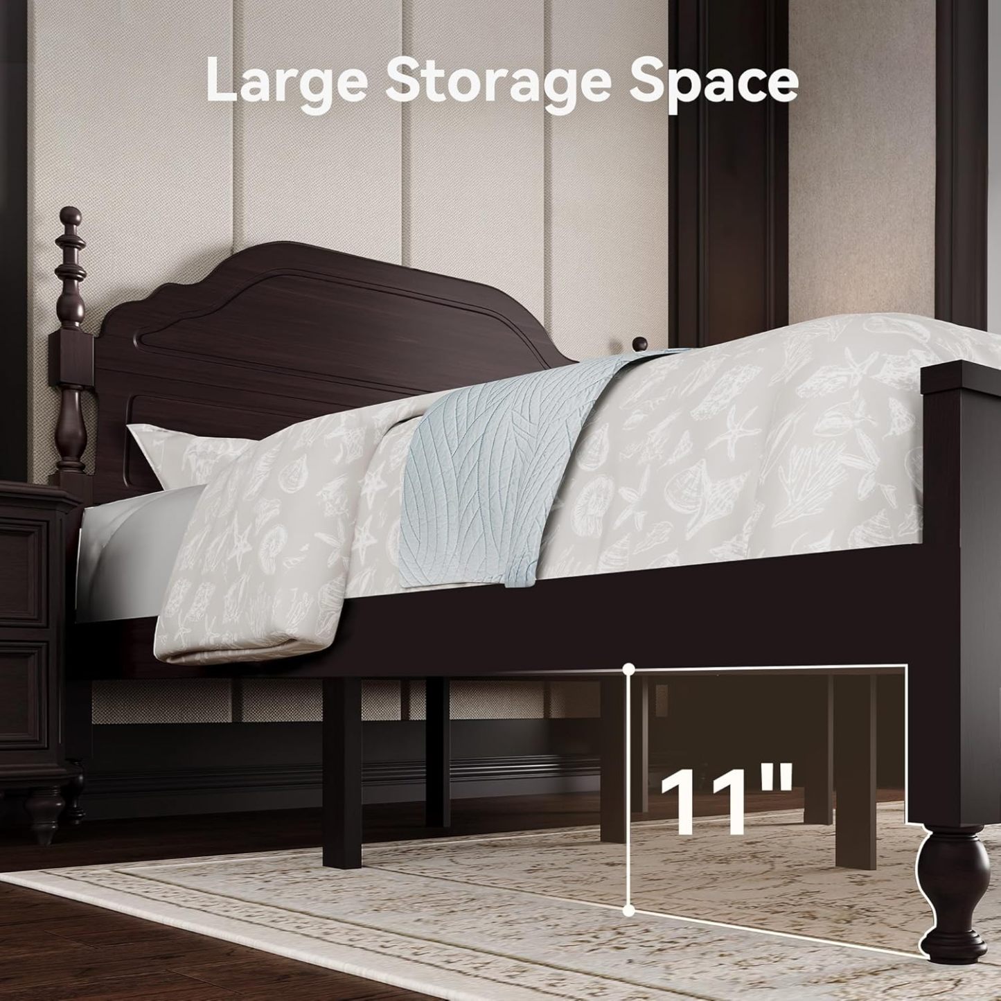 BedsPick Solid Wood Bed Frame Queen Size, Wooden Retro Style Platform Bed Frame with Headboard and Footboard