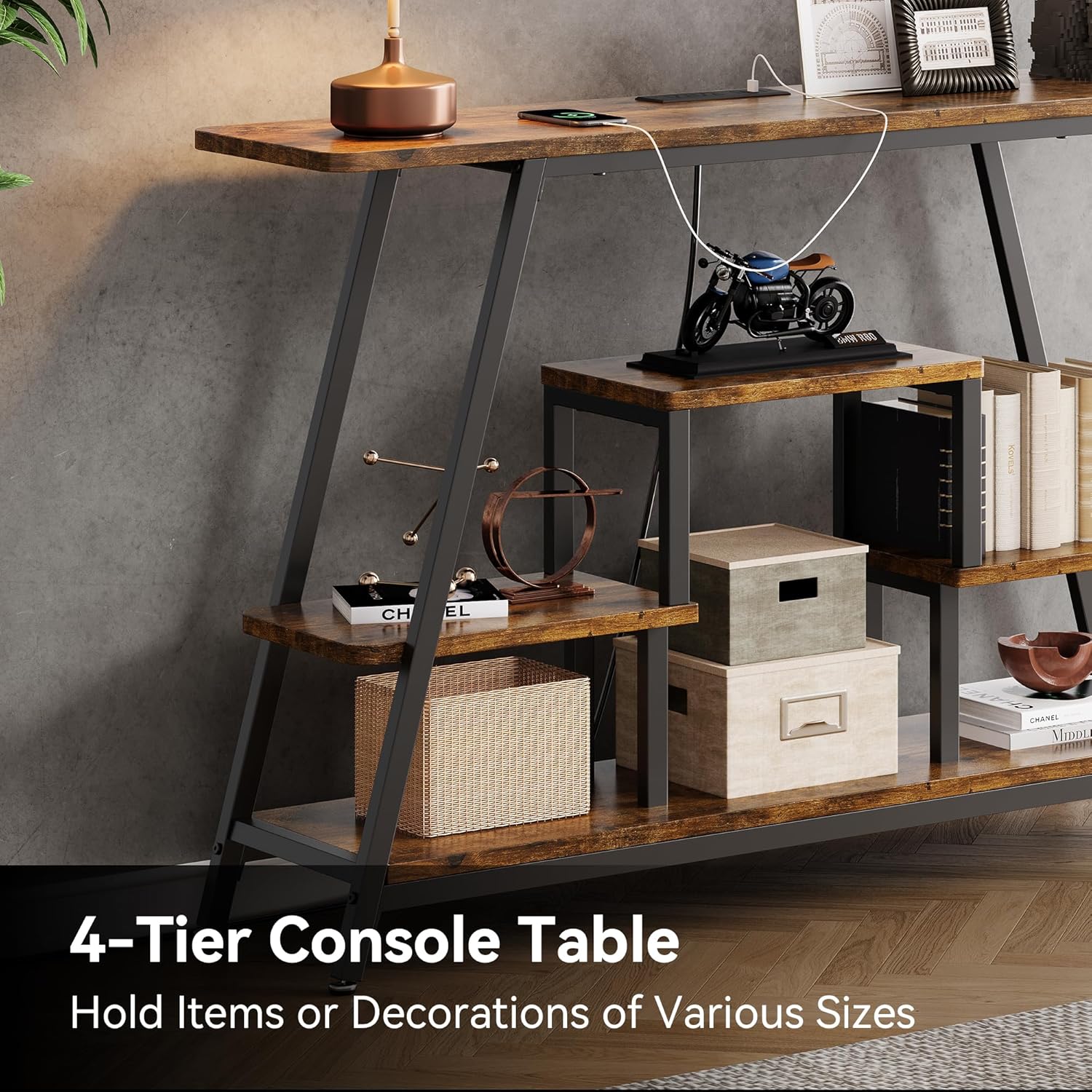 BedsPick 47.3" Console Table with Outlet, Entryway Table with 4-Tier Storage Shelves for Entryway