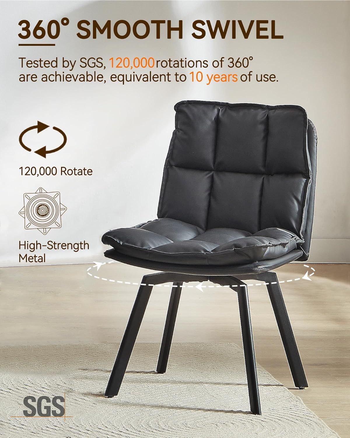 BedsPick Swivel Dining Chair - Faux Leather Upholstered Kitchen Chair, Mid Century Modern Dining Room Chair with Rotating Seats and Metal Legs-Bedspick