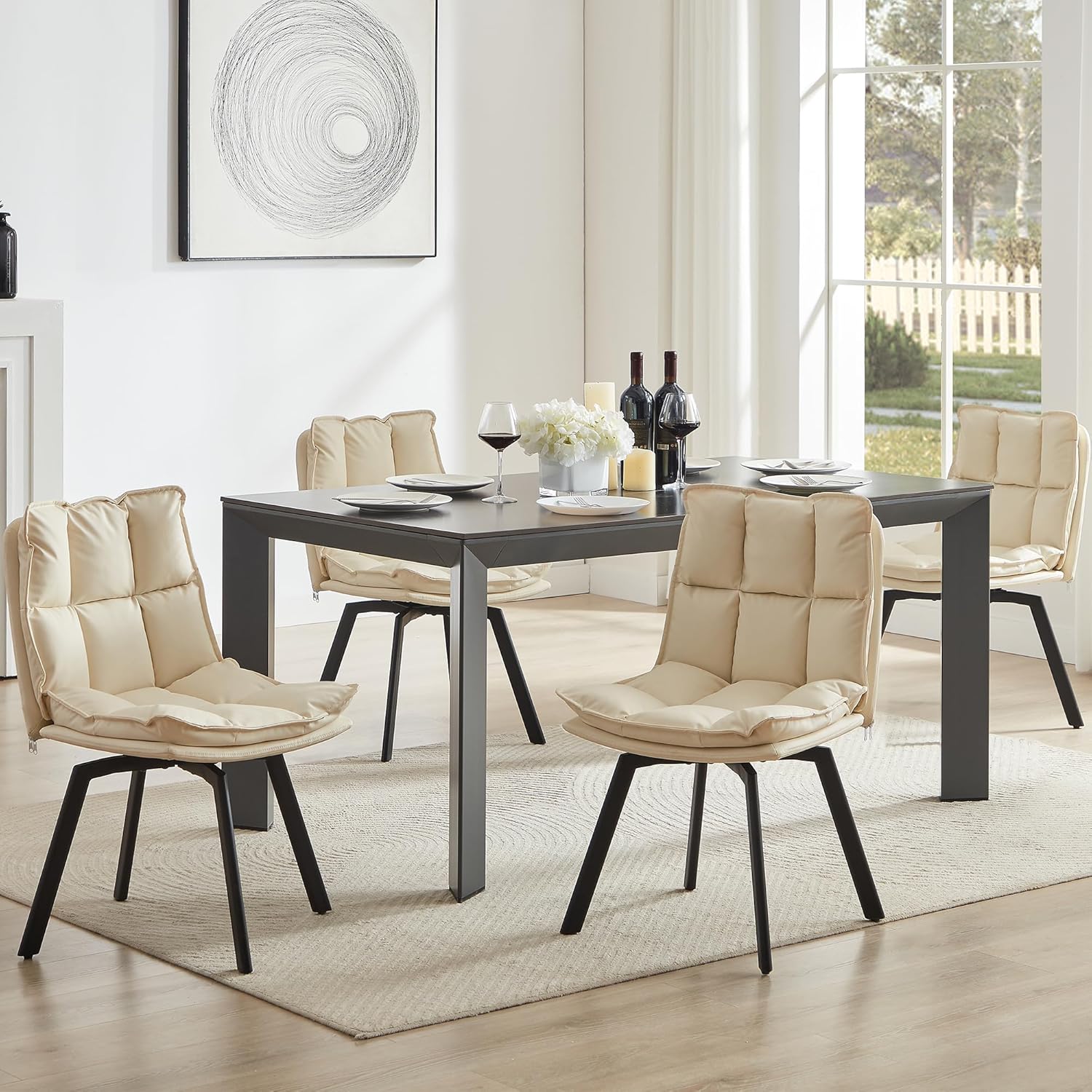 BedsPick Swivel Dining Chair - Faux Leather Upholstered Kitchen Chair, Mid Century Modern Dining Room Chair with Rotating Seats and Metal Legs-Bedspick