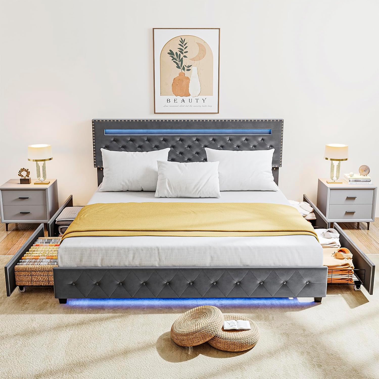 BedsPick King Size Bed Frame with LED Lights
