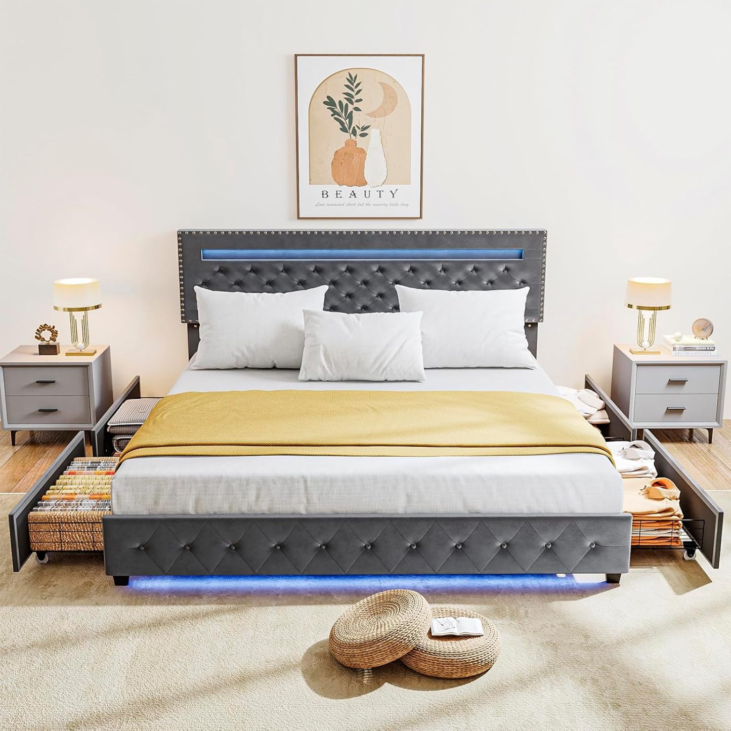 BedsPick King Size Bed Frame with LED Lights