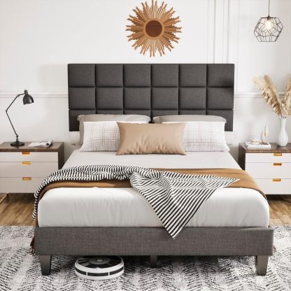 BedsPick Queen Bed Frame with Modern Geometric Linen Upholstered Adjustable Headboard
