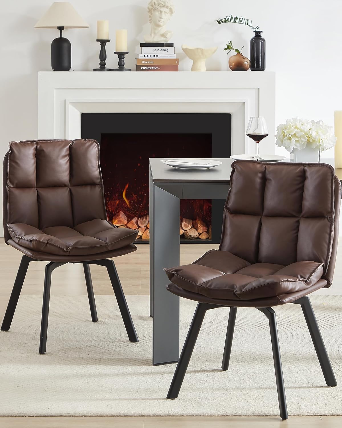 BedsPick Swivel Dining Chair - Faux Leather Upholstered Kitchen Chair, Mid Century Modern Dining Room Chair with Rotating Seats and Metal Legs-Bedspick