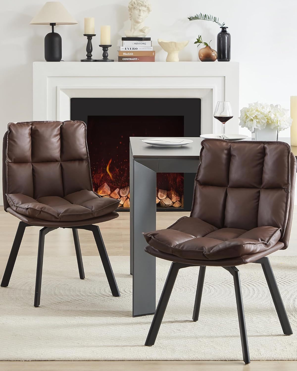 BedsPick Swivel Dining Chair - Faux Leather Upholstered Kitchen Chair, Mid Century Modern Dining Room Chair with Rotating Seats and Metal Legs-Bedspick