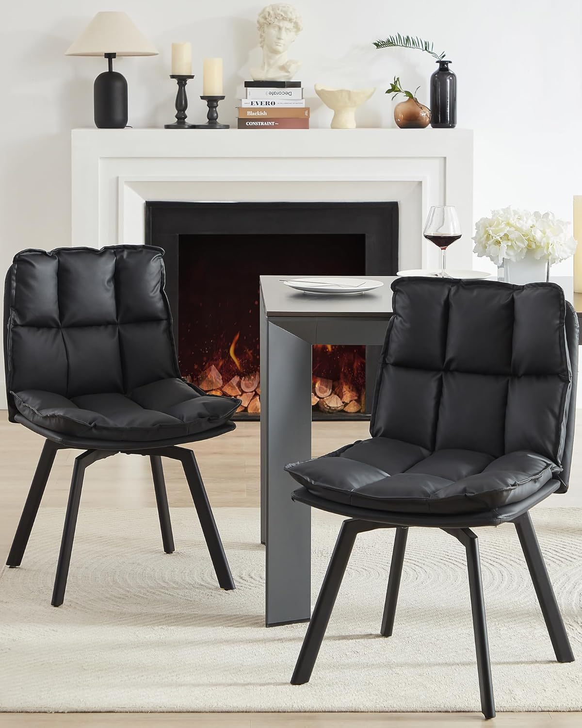 BedsPick Swivel Dining Chair - Faux Leather Upholstered Kitchen Chair, Mid Century Modern Dining Room Chair with Rotating Seats and Metal Legs-Bedspick