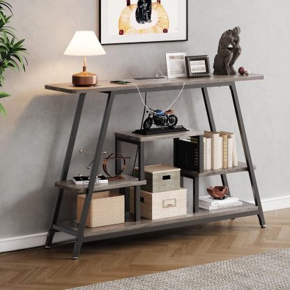 BedsPick 47.3" Console Table with Outlet, Entryway Table with 4-Tier Storage Shelves for Entryway