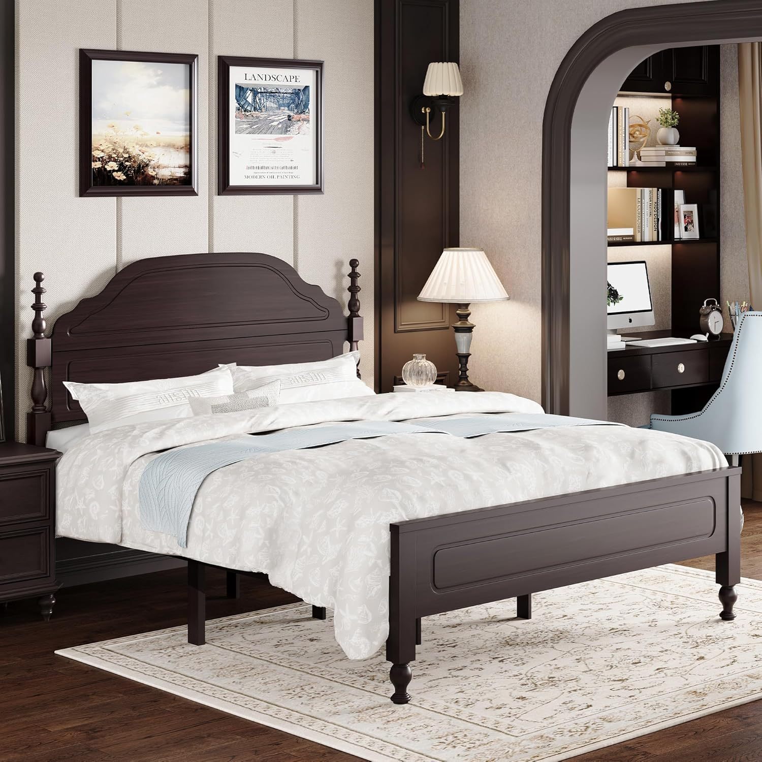 BedsPick Solid Wood Bed Frame Queen Size, Wooden Retro Style Platform Bed Frame with Headboard and Footboard