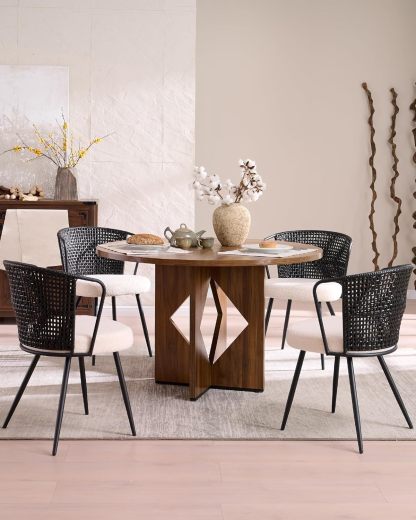 BedsPick Rattan Dining Chair - Farmhouse Upholstered Cane Back Kitchen Chair with Lamb Fleece Fabric Cushion, Wingback Dining Room Seat with Metal Legs for Home, Kitchen-Bedspick