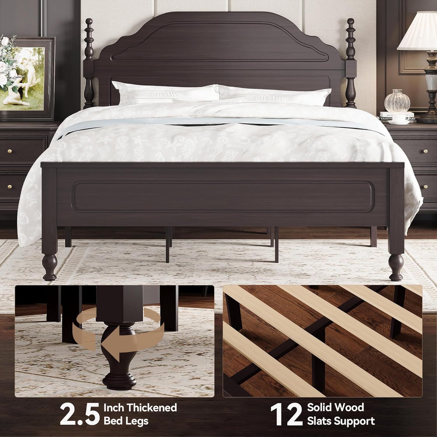 BedsPick Solid Wood Bed Frame Queen Size, Wooden Retro Style Platform Bed Frame with Headboard and Footboard