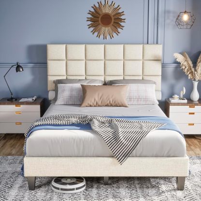 BedsPick Queen Bed Frame with Modern Geometric Linen Upholstered Adjustable Headboard