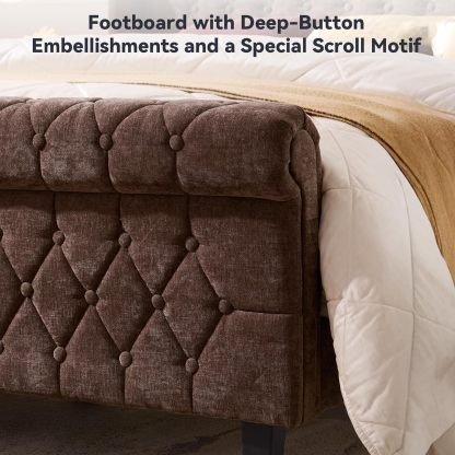 BedsPick Full Size Bed Frame Sleigh with Wingback Headboard, Fully Upholstered Bed Frame Full Size with Deep Button Tufted Scroll Footboard-Bedspick