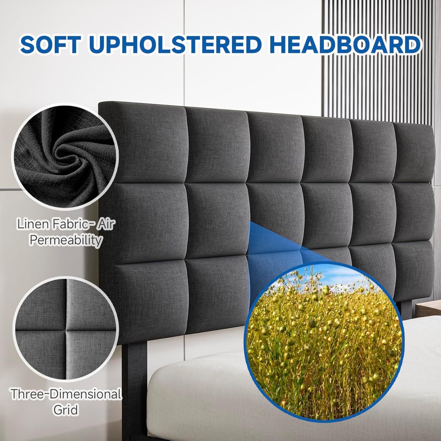 BedsPick Queen Bed Frame with Modern Geometric Linen Upholstered Adjustable Headboard