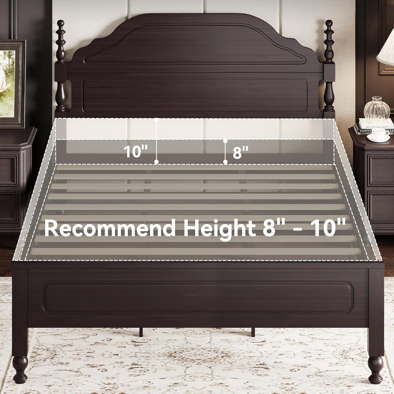 BedsPick Solid Wood Bed Frame Queen Size, Wooden Retro Style Platform Bed Frame with Headboard and Footboard