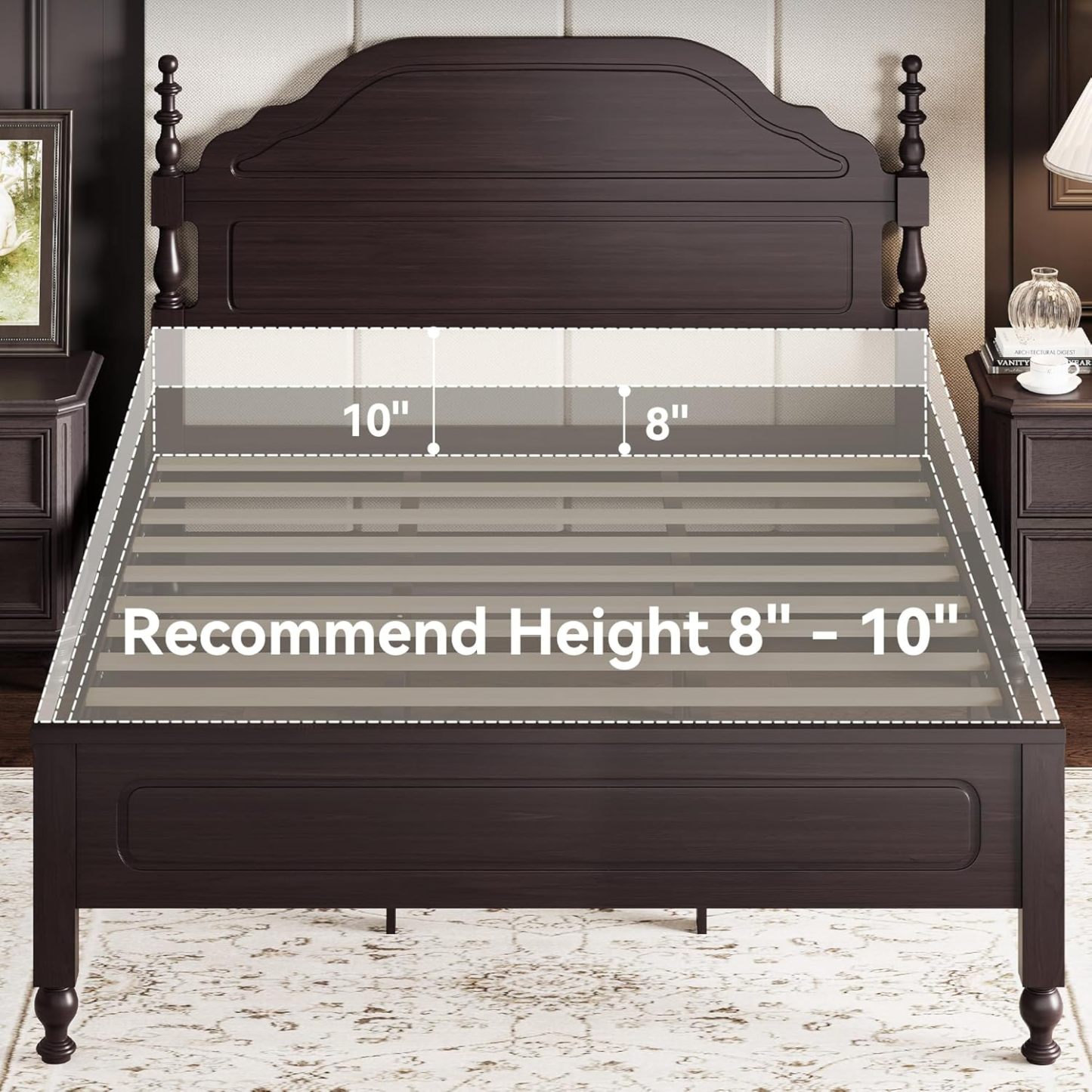 BedsPick Solid Wood Bed Frame Queen Size, Wooden Retro Style Platform Bed Frame with Headboard and Footboard